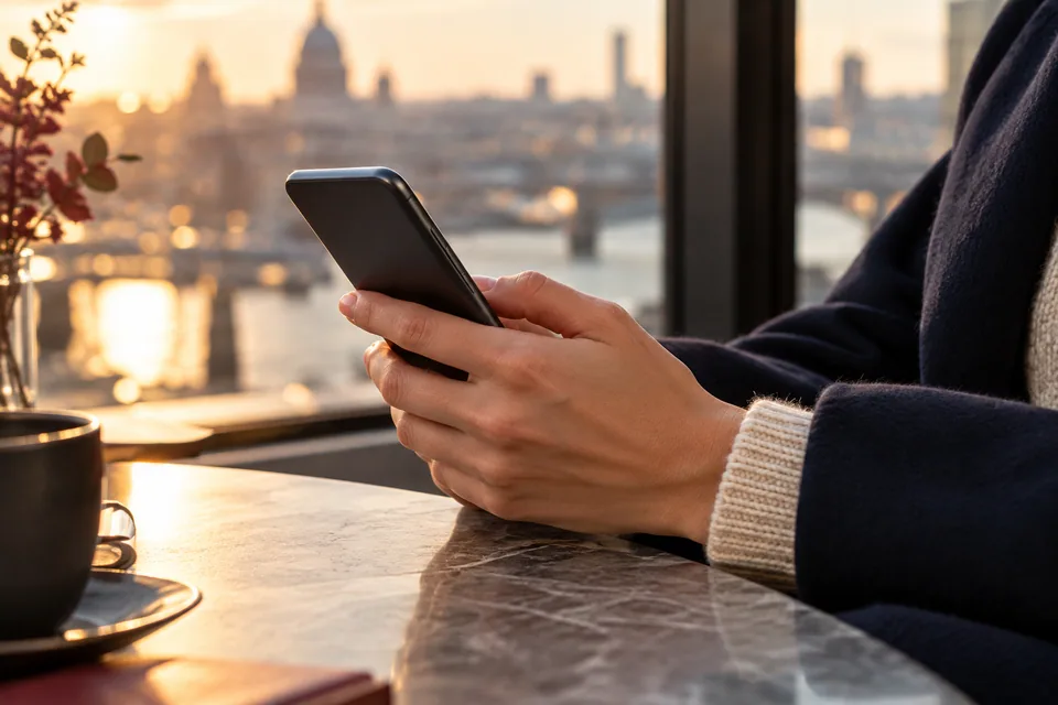 Hands holding a phone beside a sunlit window.